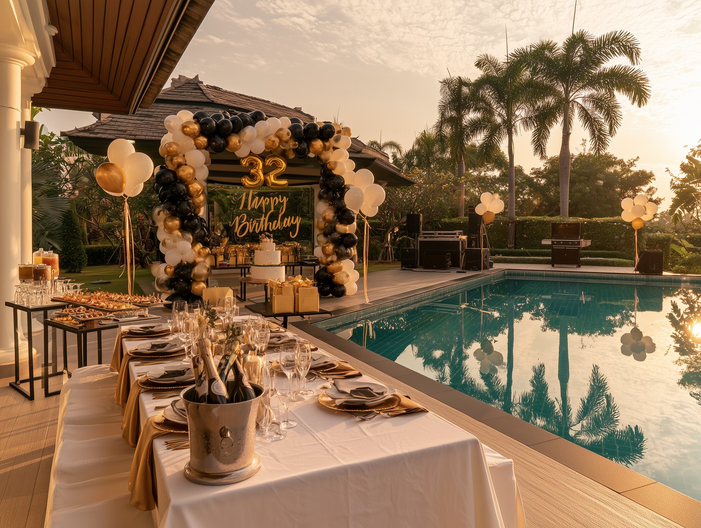 The party setup, villa pool birthday decor, Chaiyo Events Pattaya
