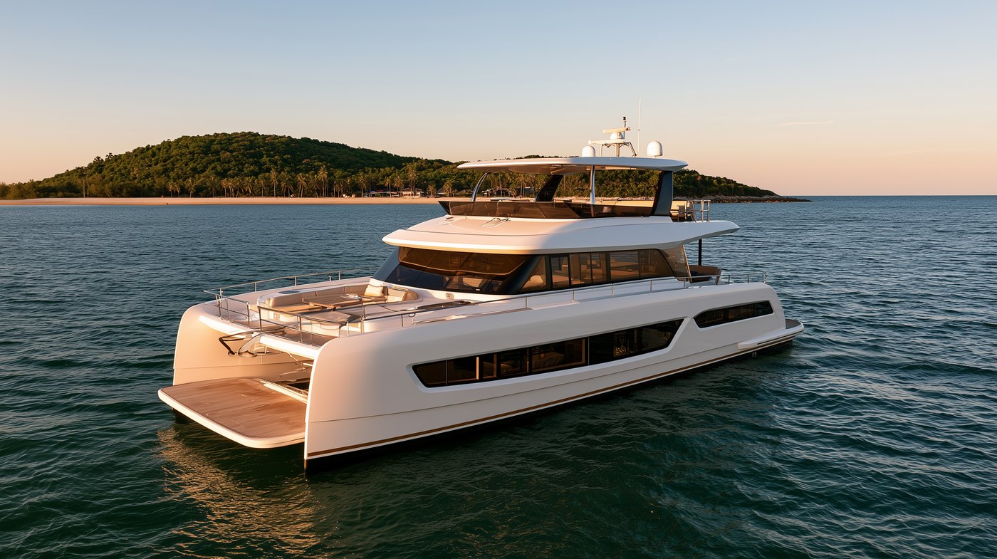 Luxury motor catamaran at anchor near Pattaya, Chaiyo Events Pattaya