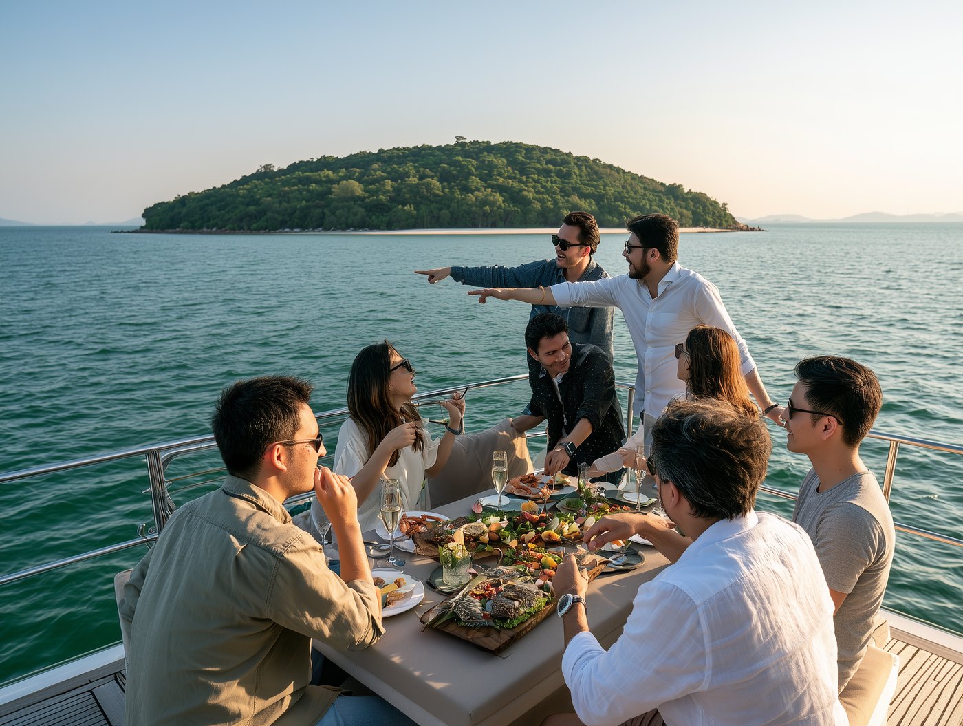 Island day trip, corporate team on a catamaran with seafood aperitif near Pattaya, Chaiyo Events Pattaya