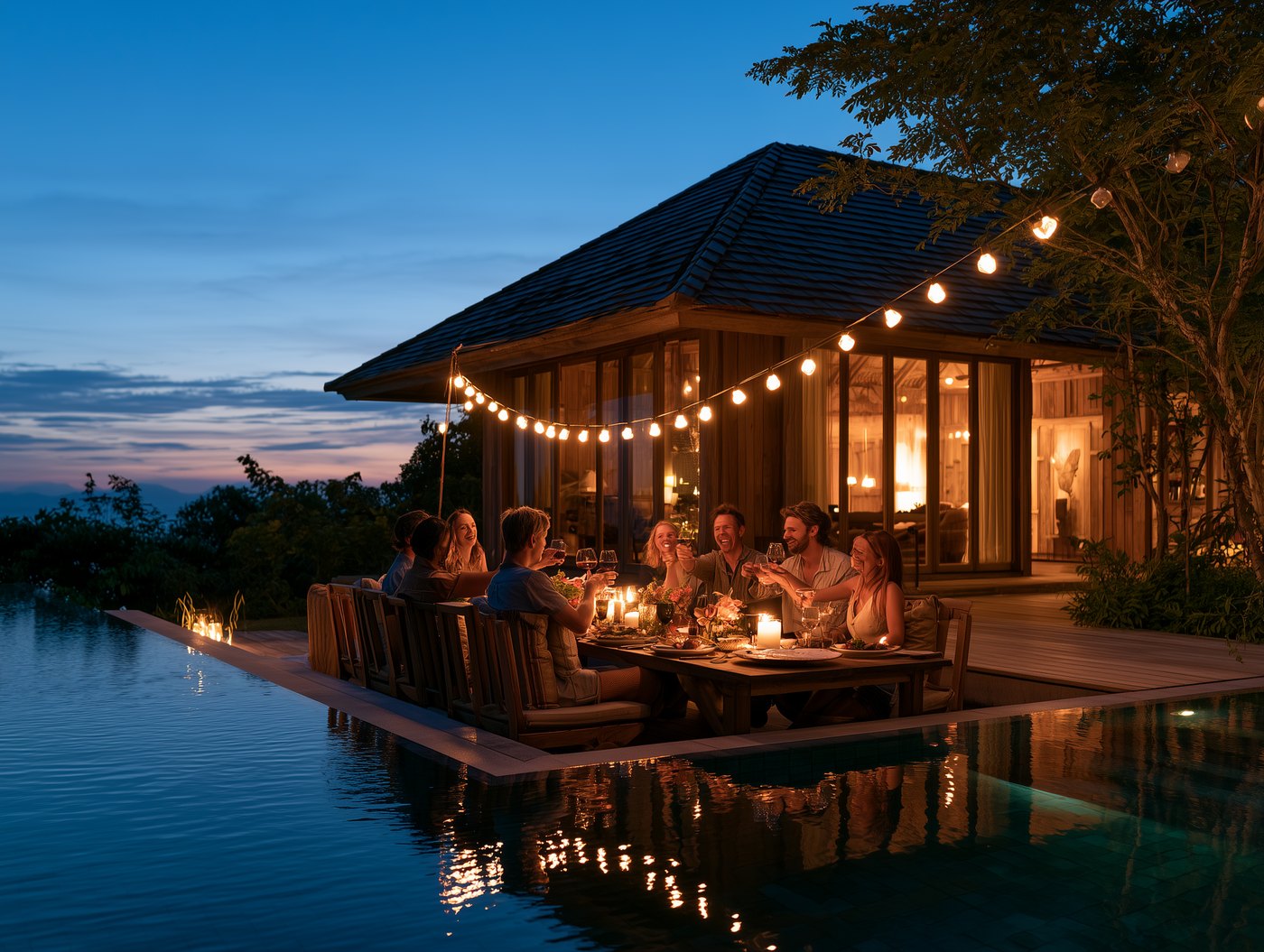 Dinner together, corporate retreat team dinner by the pool at blue hour, Chaiyo Events Pattaya