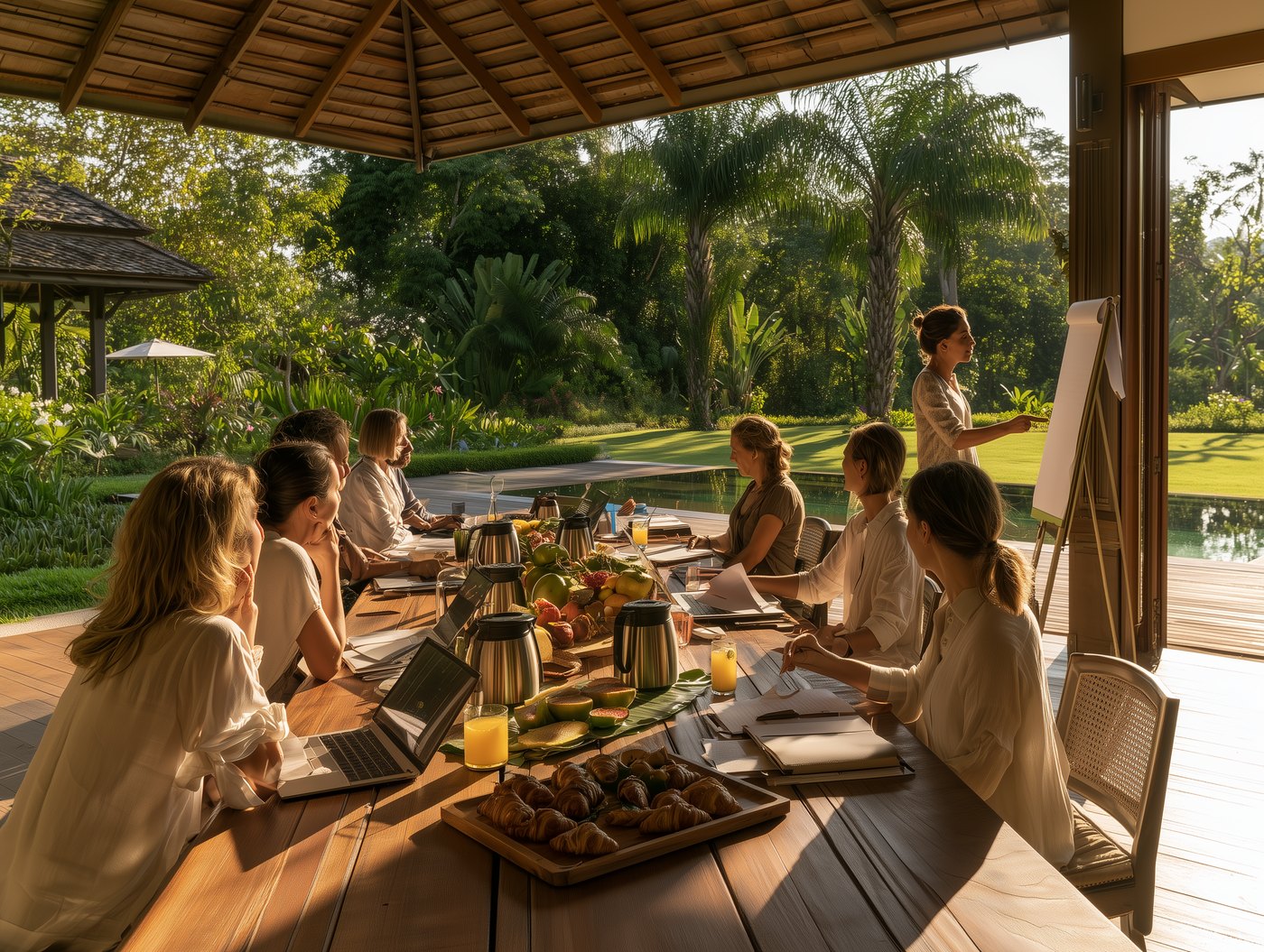 Morning session, corporate retreat work meeting on a villa terrace, Chaiyo Events Pattaya