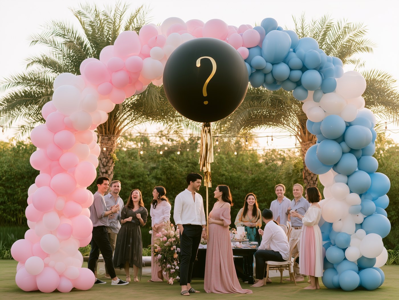 The countdown, couple under a giant black question mark balloon with pink and blue balloon arch, Chaiyo Events Pattaya