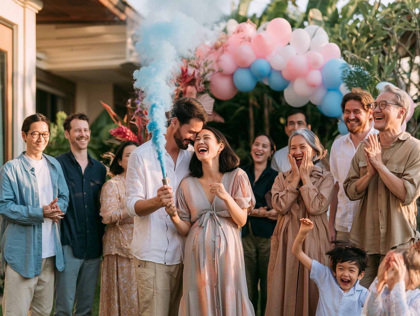 Family joy, blue smoke reveal with family and friends celebrating, Chaiyo Events Pattaya