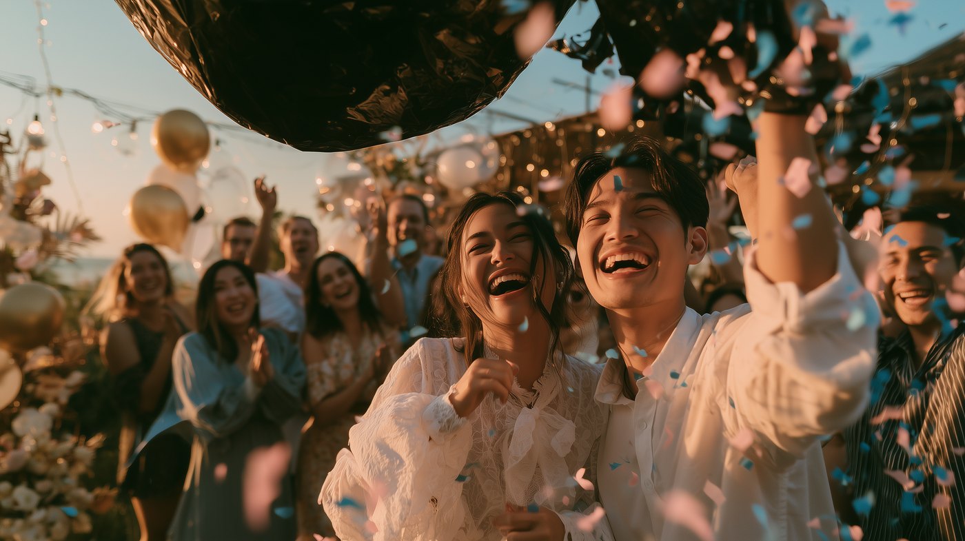 Gender reveal moment, couple popping a black balloon with pink and blue confetti, Chaiyo Events Pattaya