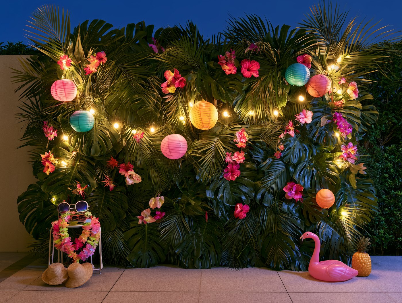 Photo corner, tropical backdrop with lanterns and party props, Chaiyo Events Pattaya