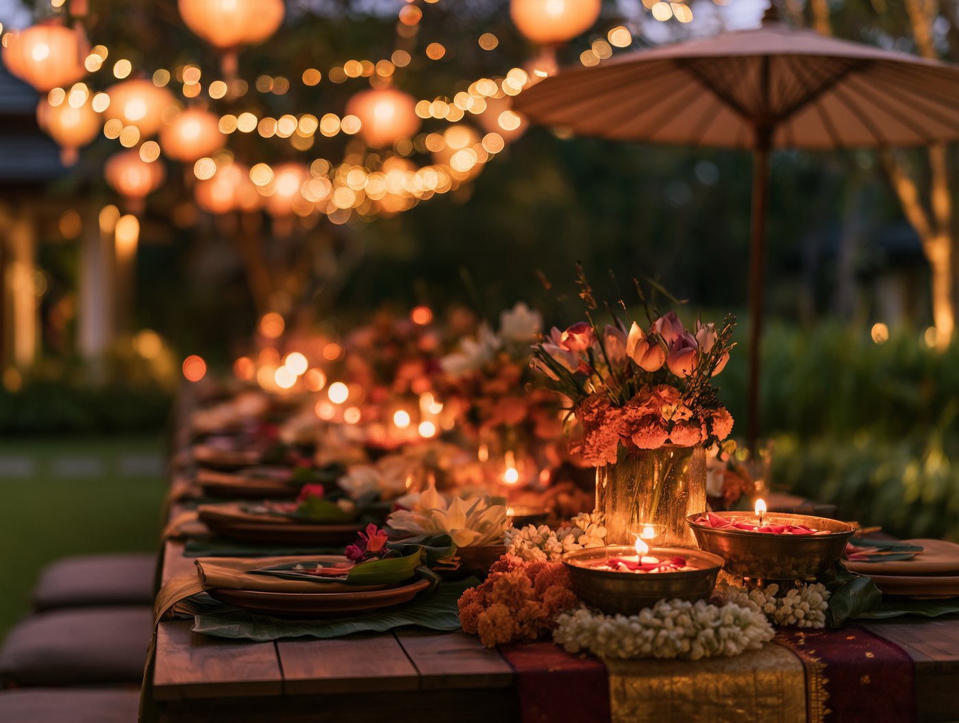 Thai festival theme decor, jasmine garlands and floating candles, Chaiyo Events Pattaya