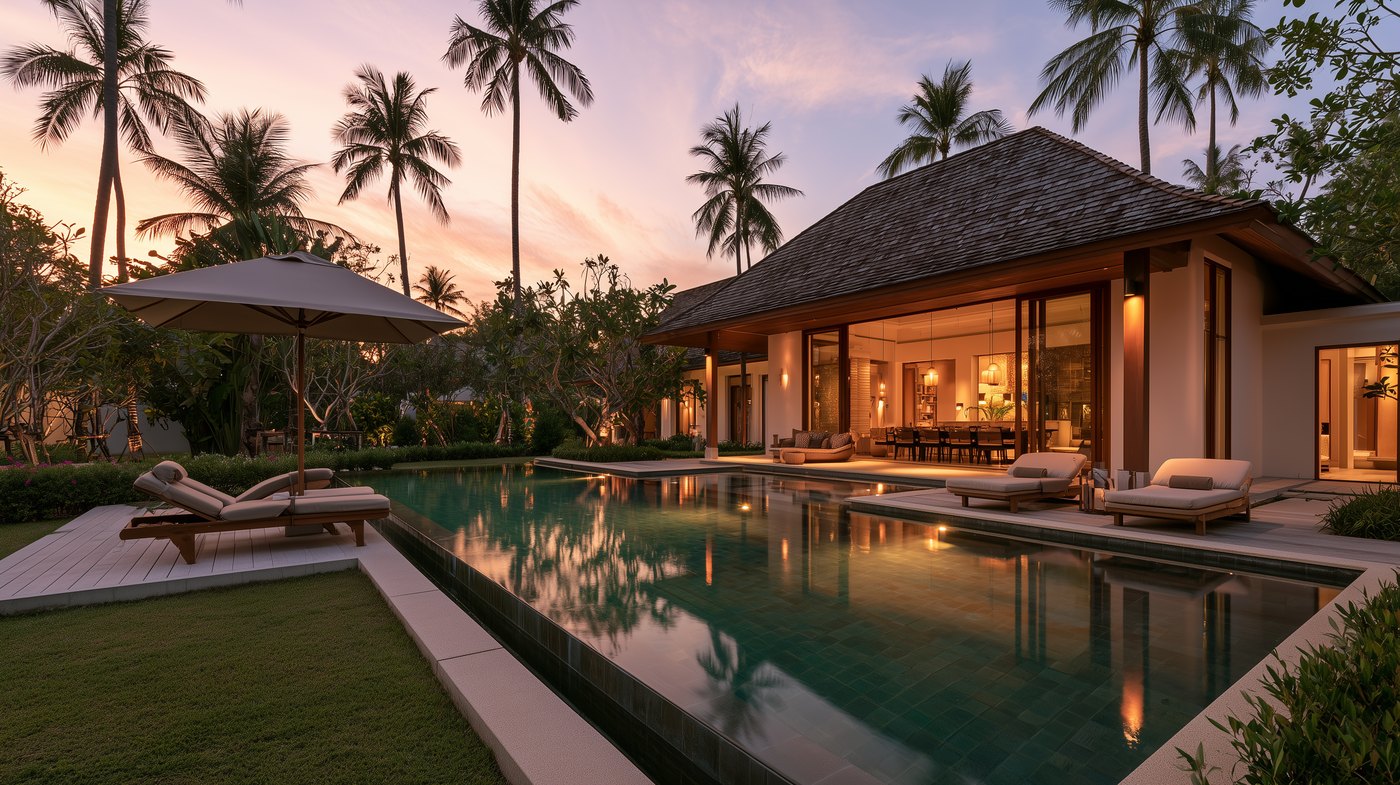 Luxury private pool villa at dusk in Thailand, Chaiyo Events Pattaya